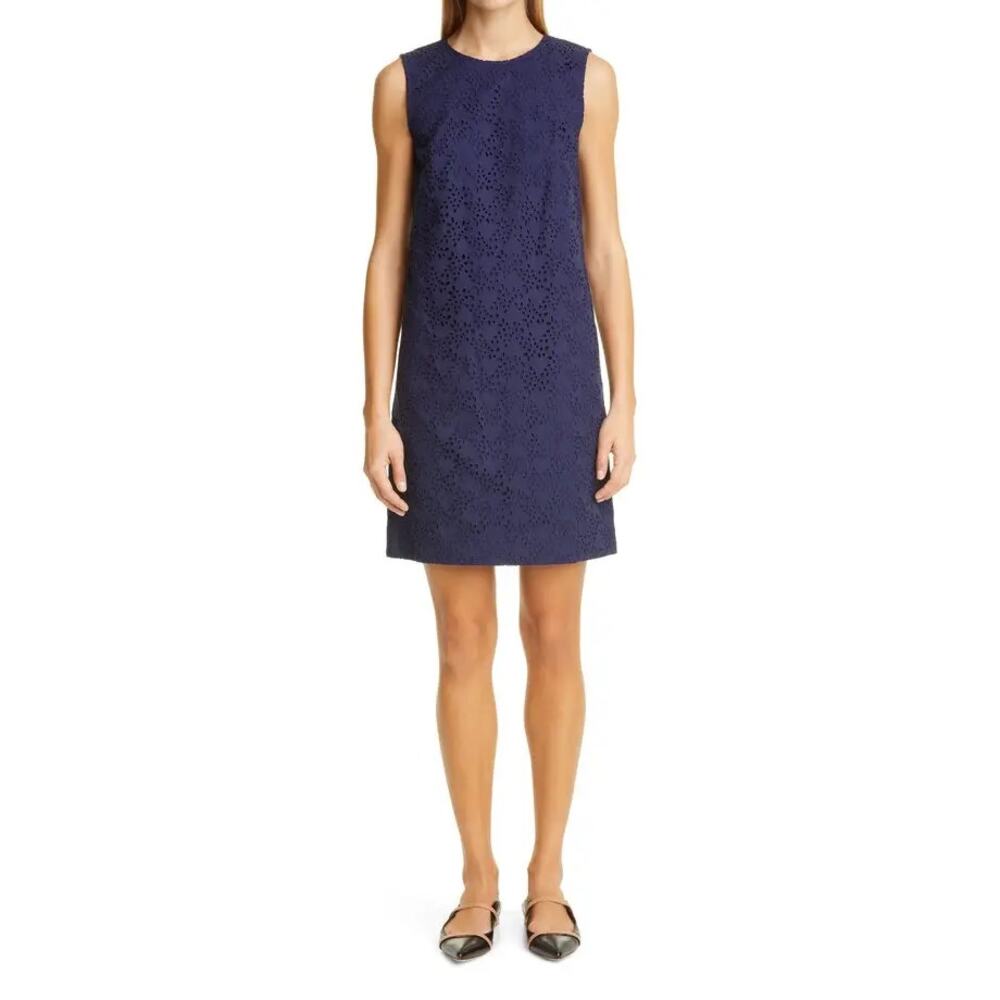 Carolina Herrera Sleeveless Eyelet Shift Dress Blue Womens Size 8